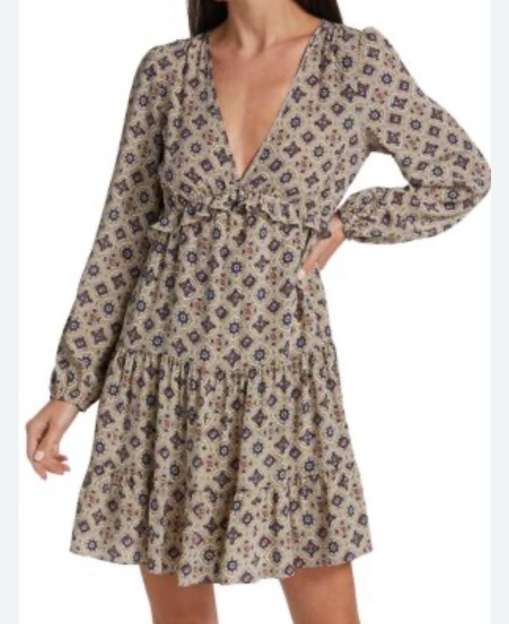Veronica Beard Size 4 Delray Long Sleeve 100% Silk Mini Dress Peasant Boho B22